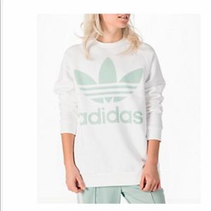 Adidas white and teal trefoil crewneck hoodie